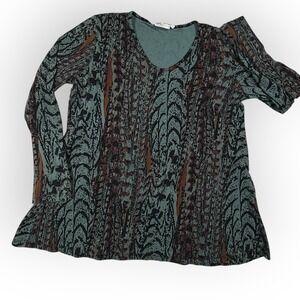 Prairie Cotton Womens M V-Neck Long Sleeve Abstract Print Top Teal Brown Aztec
